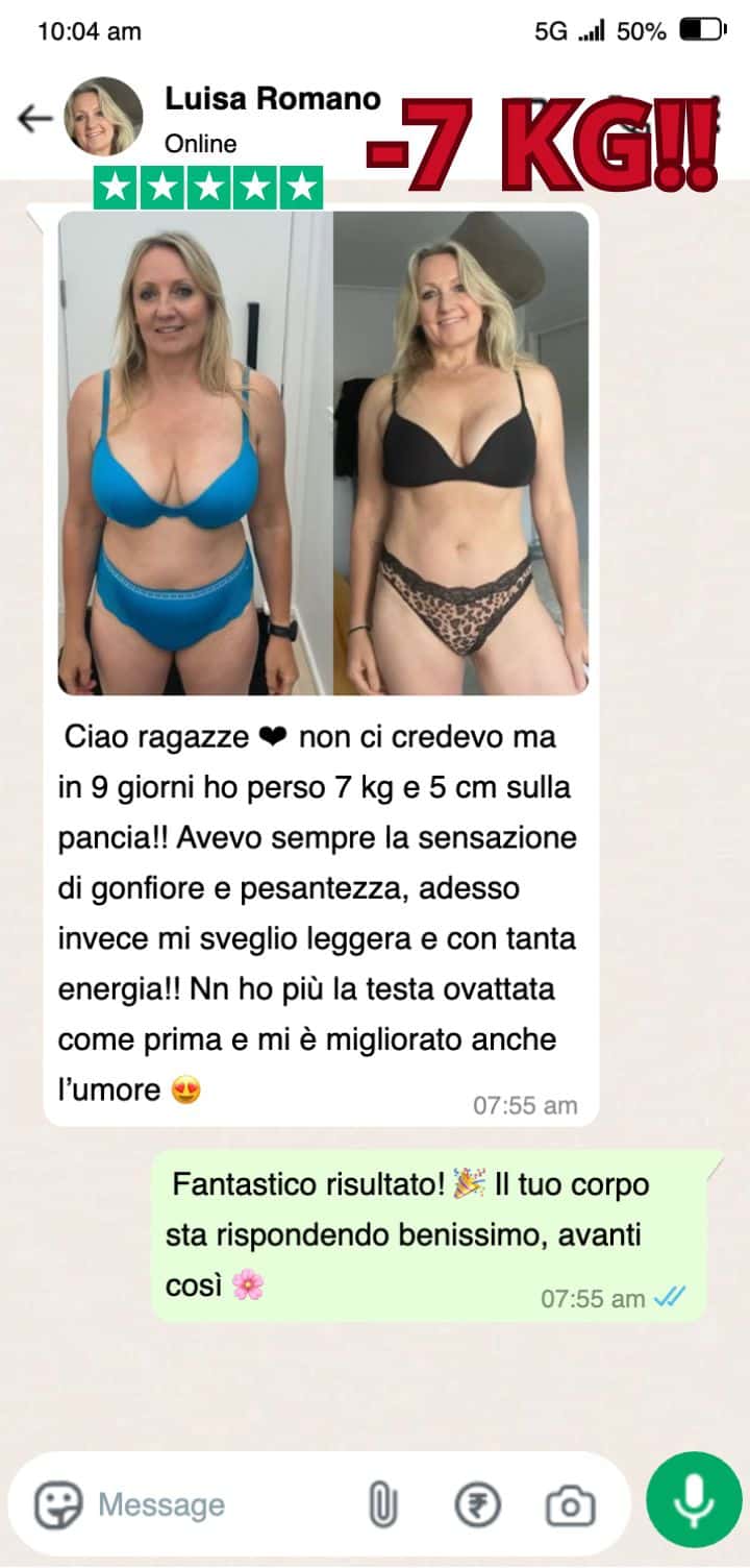 Prima e dopo trasformazione fisica con erbe e dieta in 9 giorni.