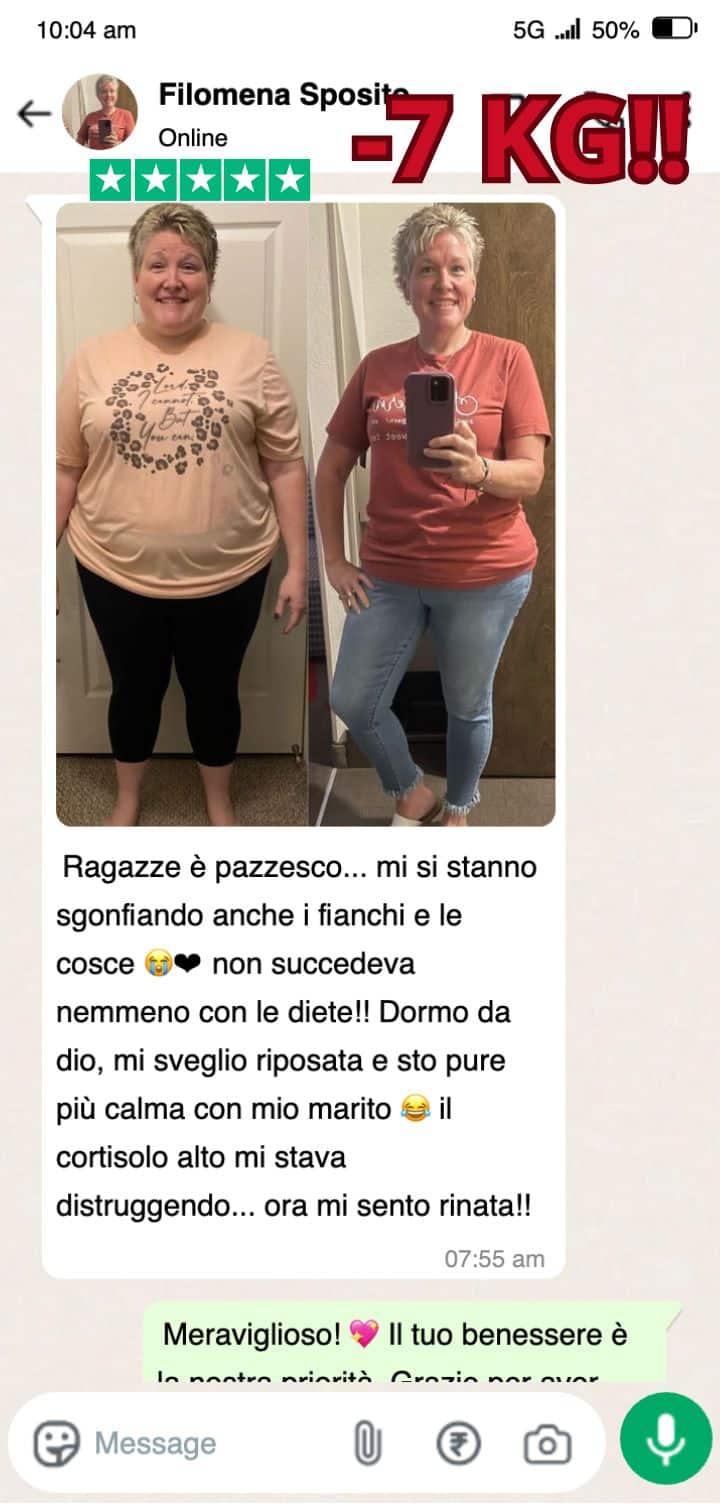Donna felice mostra il prima e dopo della perdita di peso di 7 kg.