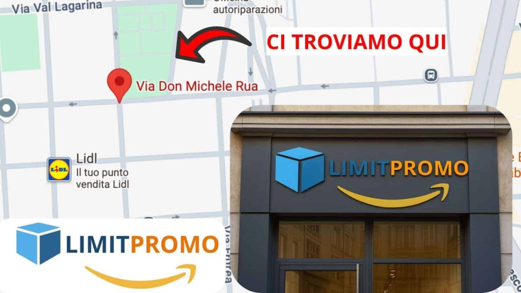 Negozio LimitPromo con logo e indicazione di posizione su mappa.