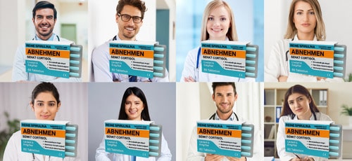 Persone sorridenti che tengono cartelli sul controllo del cortisolo.