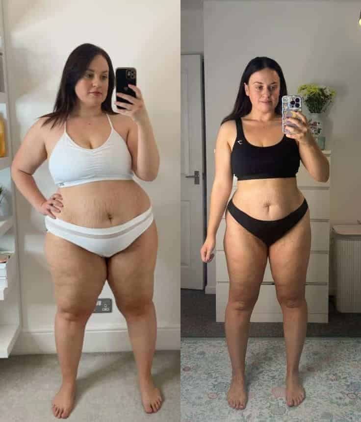 Prima e dopo la trasformazione del corpo con erbe e stile di vita sano.