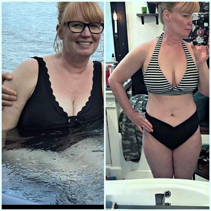 Donna prima e dopo la perdita di peso, in costume da bagno.